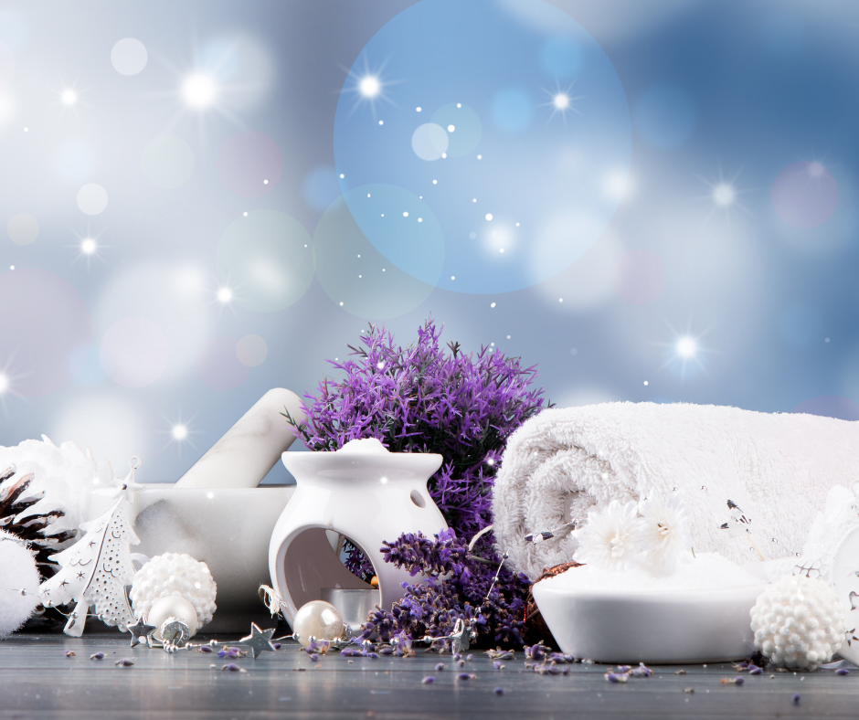 Winter Snowy Sparkly Scene with Selfcare Products
